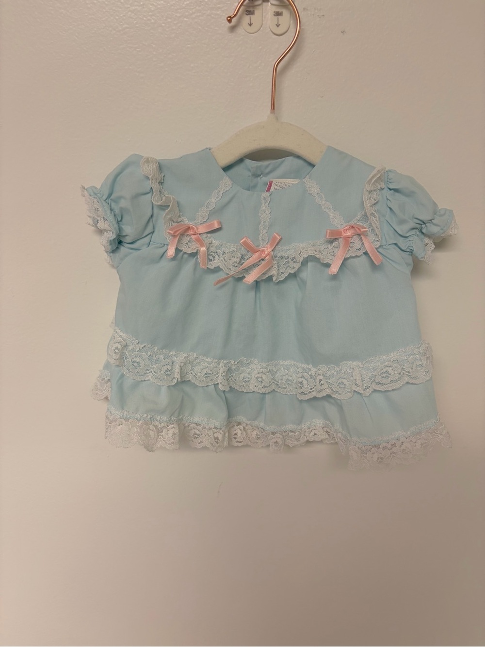 Classic Lace-Trim Baby Dress with Pink Bows - Light Blue